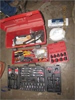 Plastic tool box, tool kit, misc tools, sockets,