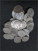 Lot of 50 US Mercury/Roosevelt Dimes 90 Silver