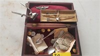 WOODEN BOX WITH BUTTONS AND COINS AND CLIPPERS