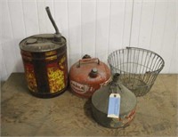 (2) Vintage Gas Cans, Vintage Funnel & Egg Basket