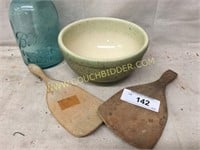 Antique wooden butter paddles & crock bowl