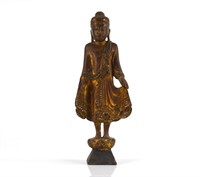 BURMESE CARVED WOOD STANDING BUDDHA WITH INLAYS