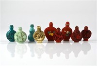 GROUP OF NINE CHINESE MOULDED SNUFF BOTTLES