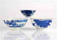 THREE CHINESE BLUE & WHITE PORCELAIN BOWLS