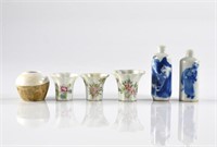 SIX CHINESE PORCELAIN CUPS AND SNUFF BOTTLES