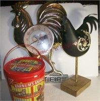 Rooster clock, chicken on wood base/ advertising t