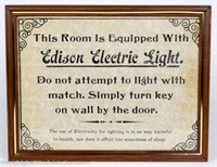 "Room Equipped With Edison Electric Light" Sign
