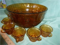 Vintage Tiara Amber Glass Punch Bowl Set