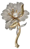 14K WHITE AND YELLOW GOLD DIAMOND PEARL FLOWER PIN