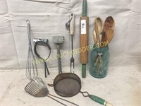 Antique green wood handle utensils and more