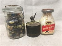 Jar of old buttons, oil can & 1/2 pint milk bottle