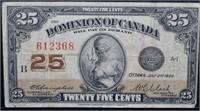 1923 Dominion Of Canada .25c Shinplaster Note