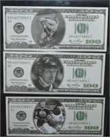 3 pcs Novelty $100 US Hockey Stars Fantasy Notes