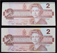 2 pcs 1986 $2 CAD Banknotes