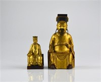 TWO CHINESE GILT WOOD CARVED GOD OF WEALTH STATUE