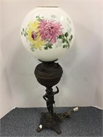 Antique metal table lamp & painted globe