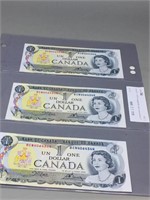 set of 3 - 1973 Canada $1 notes consecutive #