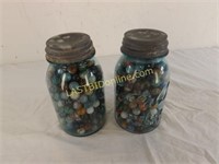 2 BLUE BALL JARS w/ZINC LIDS & 100'S of MARBLES