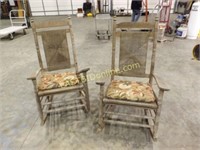 2 WOODEN RUSH SEAT PORCH ROCKING CHAIRS