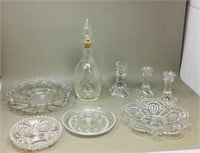 flat of cut glass dishes & candle holders