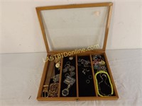 WOODEN JEWELRY DISPLAY CASE & CONTENTS
