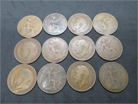 Lot of 12 George V Bronze  Pennies 1913-1921