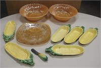 6 Corn Cob Holders, Butter Knife, Fire King Bowls