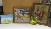 Vtg Apple Crate Label, Framed Print & 2 Paintings
