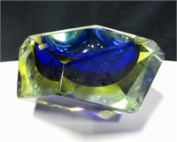Vintage Blue and Yellow Art Glass Ashtray
