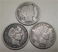 Lot Of 3 - 90% Silver Barber Dimes
