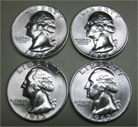 4 - Silver BU 1962 Washington Quarter Dollars
