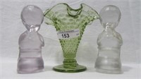 Fenton 4" Hobnail green vase & clear/lav.