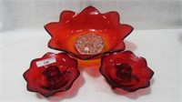 Fenton ruby petal bowl & 2 candlestick, one