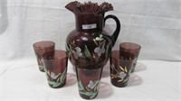 Victorian cranberry pitcher w/5 tumblers w/hand