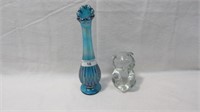Fenton 8" Blue Carnival Bud Vase and Crystal Bear