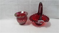 Fenton Ruby Basket and Red Carnival Hob Spittoon
