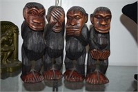 Four Wooden Hand Carved Monkeys