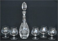 Pinwheel Crystal Decanter & 5 Brandy Glasses