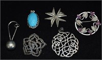 6pcs Sterling Pendants & Brooches