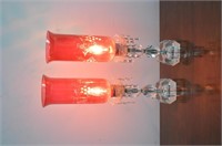 Pair Ruby Shade with Crystal Base Boudoir Lamps