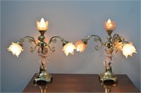 Large Brass, Porcelian & Glass Shade Lamp