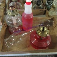 2 glass kerosene lamps w/red oil