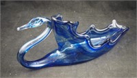 Vtg 14" Blue Clear Glass Hand Blown Swan Bowl