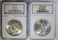 (2) 1922 PEACE SILVER DOLLARS, NGC MS-64