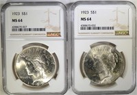 2- 1923 PEACE SILVER DOLLARS, NGC MS64