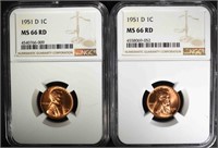2 - 1951-D LINCOLN CENTS NGC MS66 RD