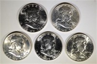 1951-D, 61, 60-D, 62 & 58  GEM BU FRANKLIN HALVES