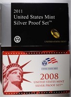2008 & 2011 U.S. SILVER PROOF SETS IN ORIG BOX/COA