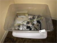 PLASTIC TOTE WITH LOT OF CORDLESS PHONES
