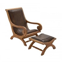Brown Mahogany and Leather Chair and Ottoman Set